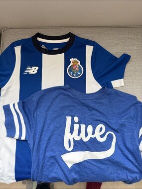 “Henry” New Balance Porto Blue & White Kids Soccer Top with 'five' Graphic Tee